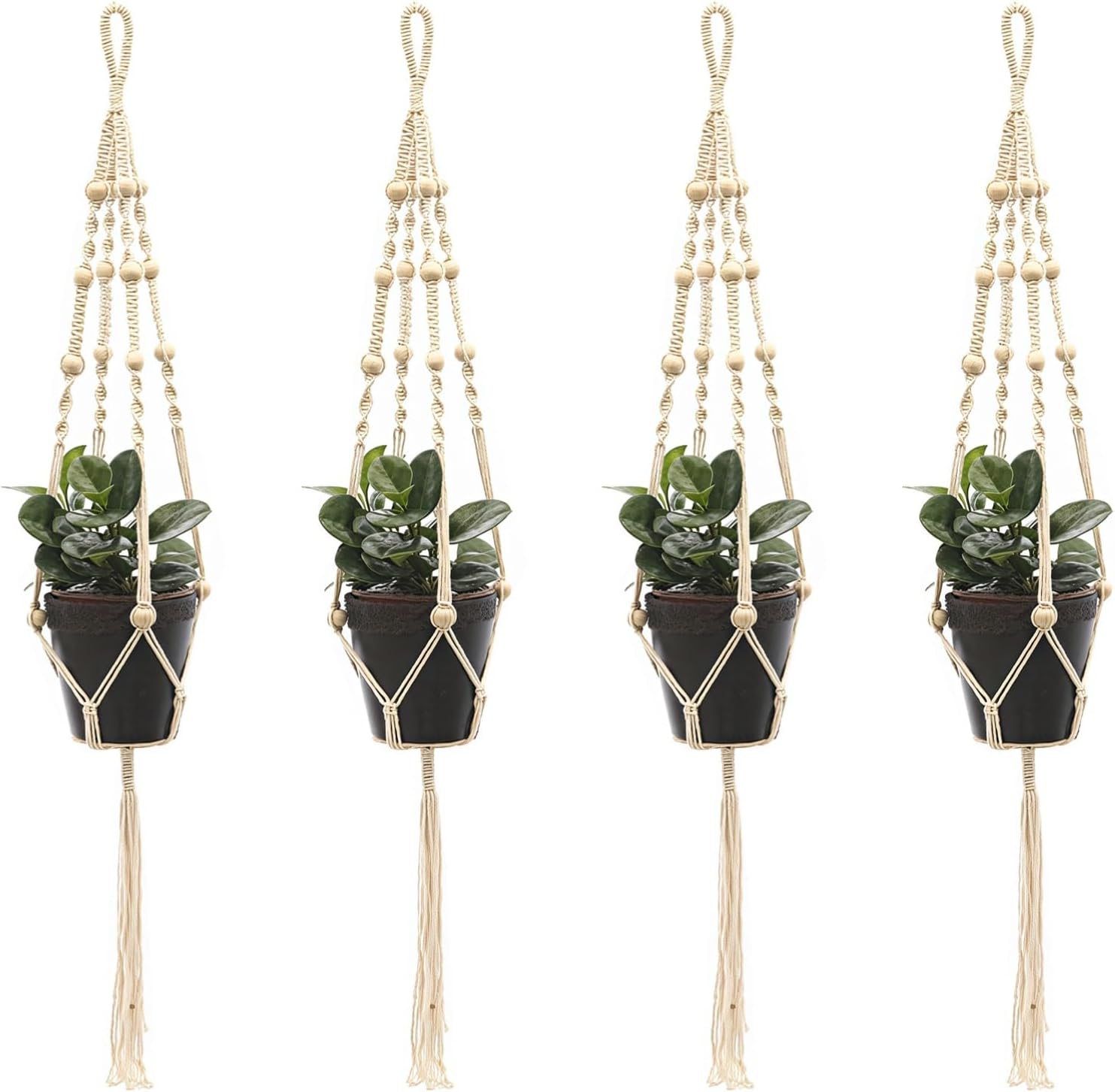 Cotton Rope Plant Hangers 4 Pcs, 39.4 In (100 Cm) Macrame With Wooden Beads, For Indoor And Outdoor, Suitable Small Succulent Pots Planters
