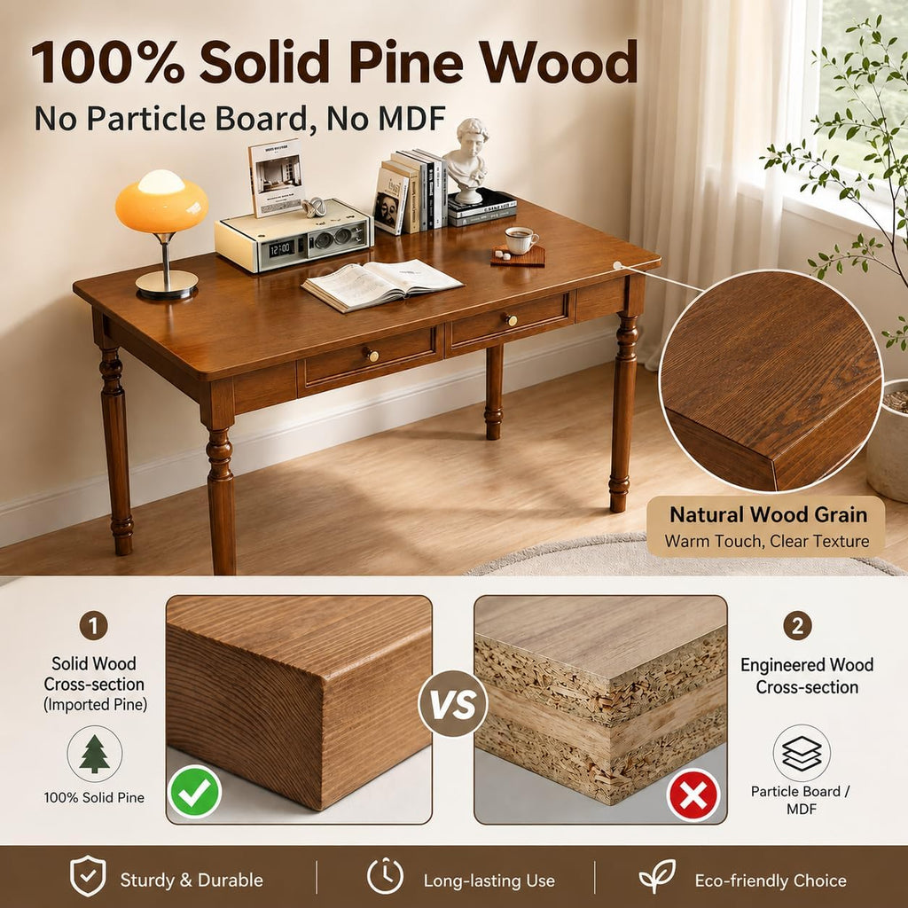 Walnut Writing Desks with Drawers, 47" Solid Wood French Country Style Computer Desk for Home Office, Living Room Study Workspace or Bedroom, Traditional Vanity Dressing Table