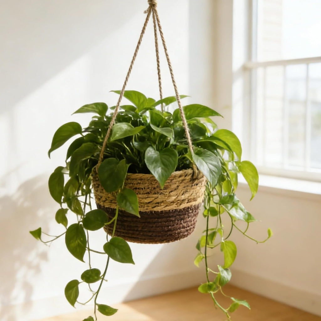 4 Pcs Woven Hanging Planter Basket Set, 7.9 in Opening, Plastic Liner, Jute Rope, Straw Plant Pots for Indoor Outdoor Plants