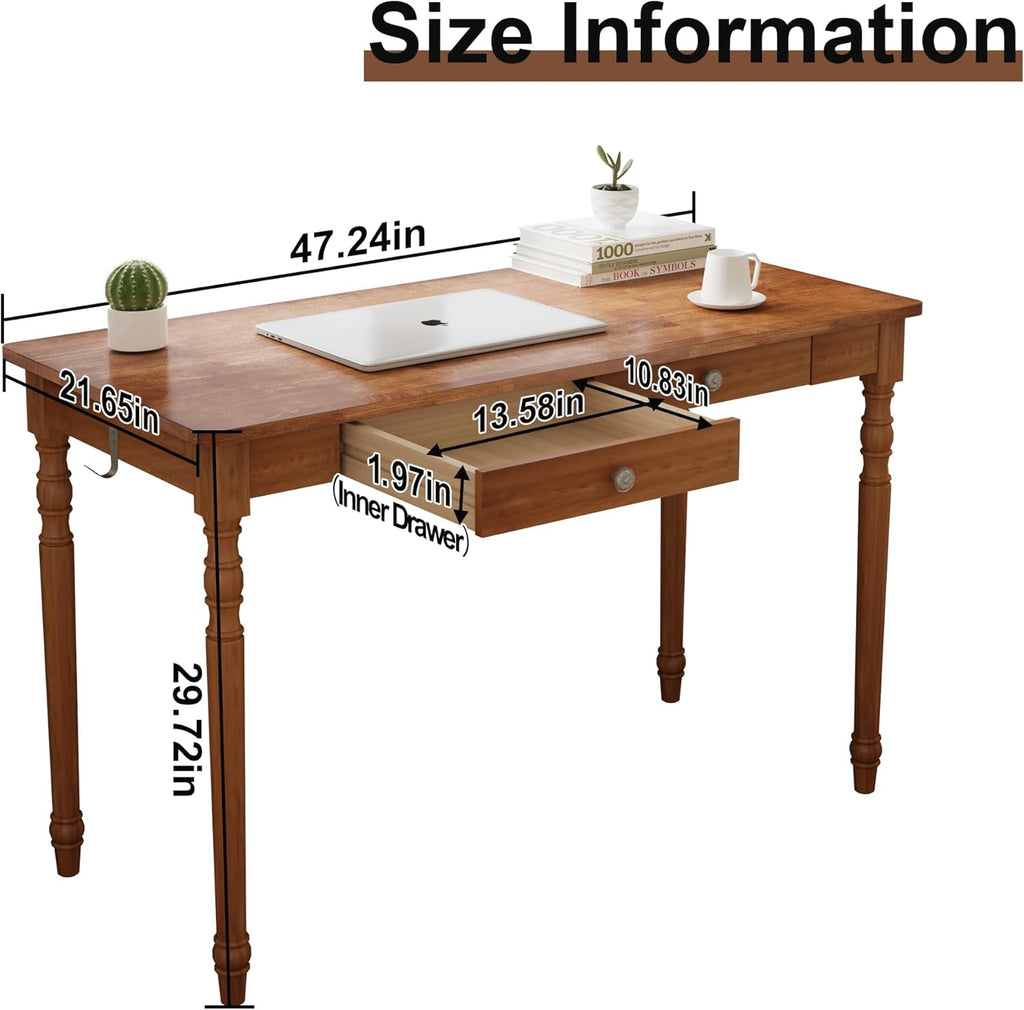 47.2 Inch Walnut Solid Wood Vintage Desk with Drawers and Hooks for Bedroom Office