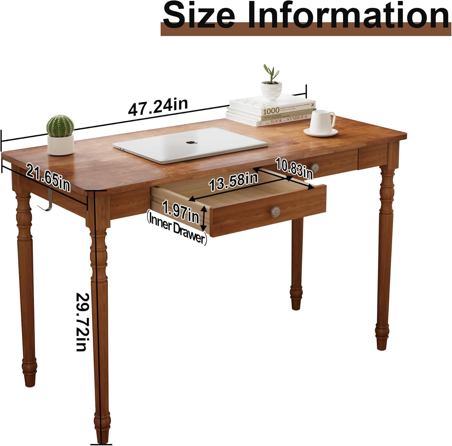 47.2 Inch Walnut Solid Wood Vintage Desk with Drawers and Hooks for Bedroom Office