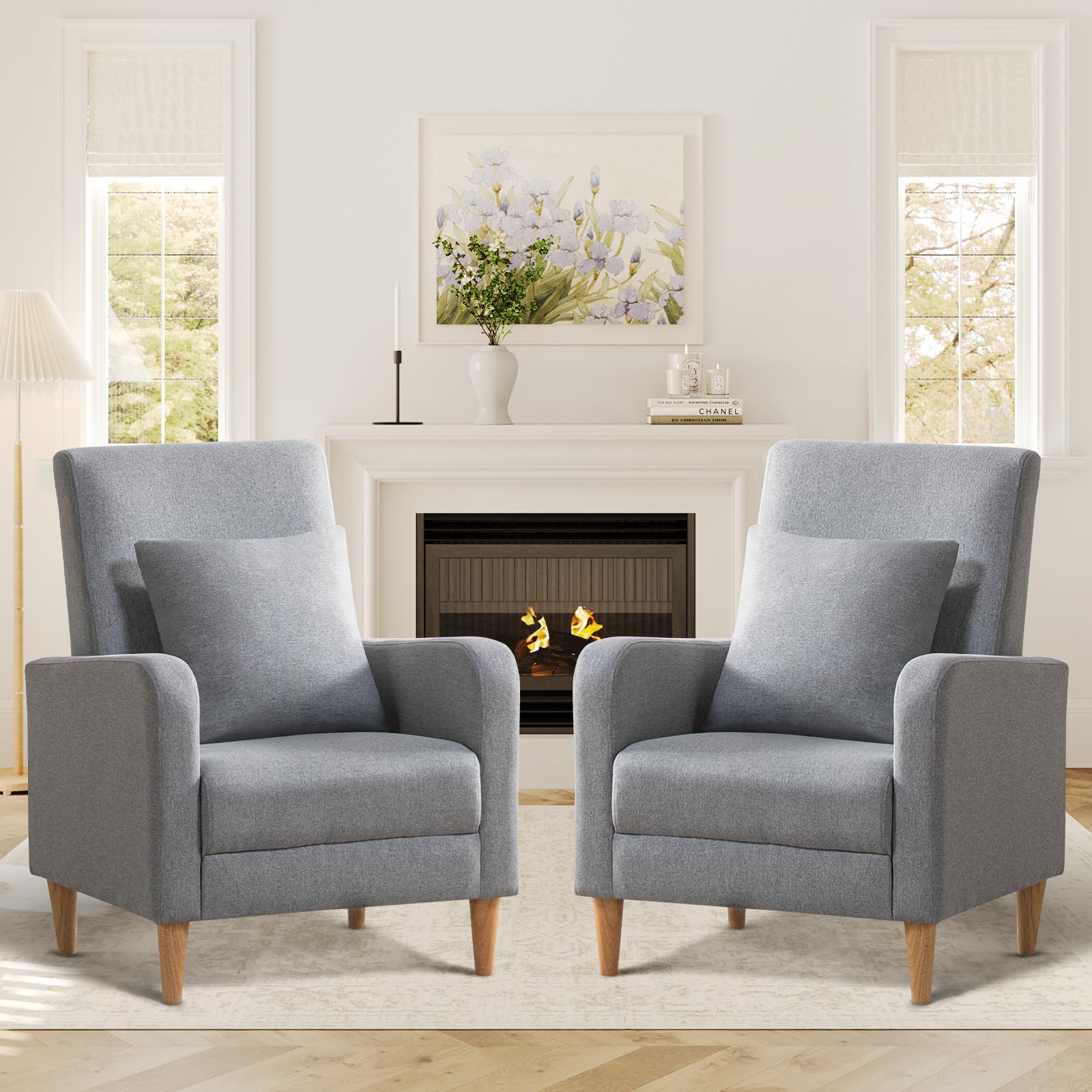 COLAMY Modern Upholstered Accent Chair Armchair with Pillow, Fabric Reading Living Room Side Chair,Single Sofa with Lounge Seat and Wood Legs, Blue