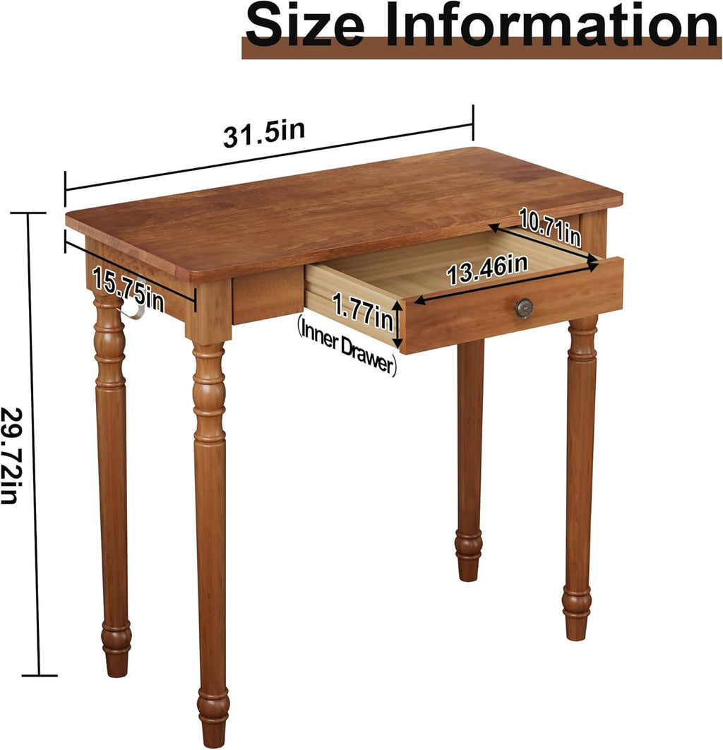 Vintage Solid Wood Writing Desk - 31.5" Mid Century Modern Desk with Drawer, Small Wooden Computer Desks for Home Office, Secretary Desks, Traditional Vanity Dressing Table for Bedroom, Walnut