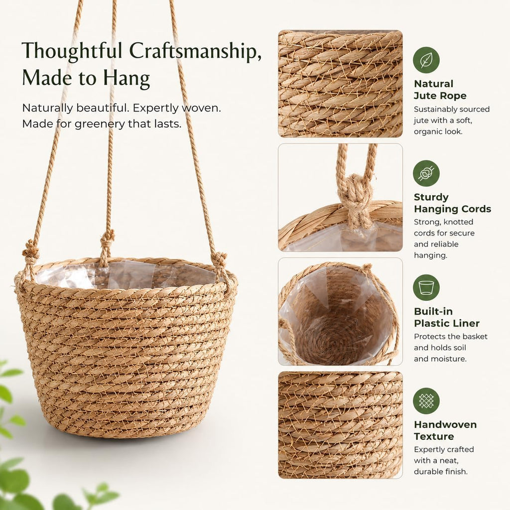 2 Pack Rattan Woven Hanging Planter Baskets with Jute Rope & Plastic Liner, Indoor Outdoor Macrame Plant Holder
