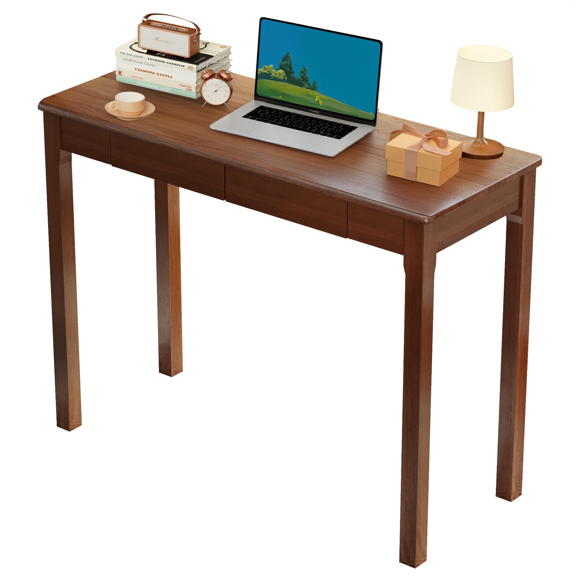 Vintage Solid Wood Writing Desk - 31.5" Mid Century Modern Desk with Drawer, Small Wooden Computer Desks for Home Office, Secretary Desks, Traditional Vanity Dressing Table for Bedroom, Walnut