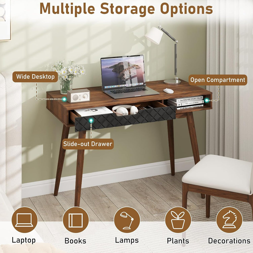 Tangkula Mid Century Modern Desk, Home Office Standing Desk w/Drawer & Open Compartment, Computer Desk Work Study Table, Vintage Writing Desk Wooden Workbench for Bedroom/Living Room