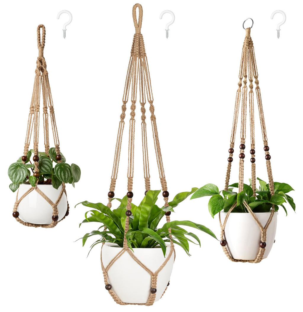 Mkono 3 Pack Macrame Plant Hangers Indoor Different Size Hanging Planter Basket Flower Pot Holder with Beads No Tassels 35"/29"/23", Medium, Ivory