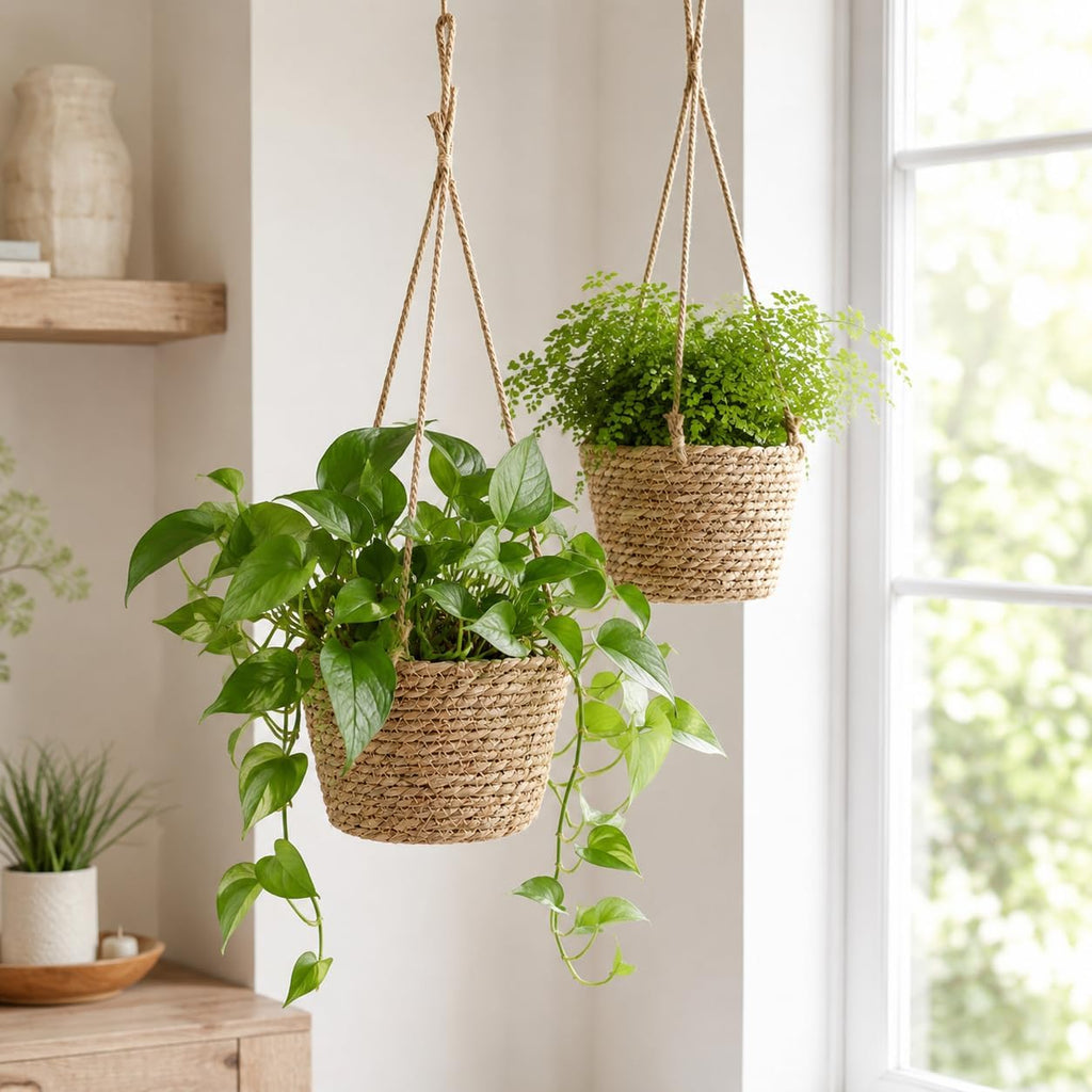 2 Pack Rattan Woven Hanging Planter Baskets with Jute Rope & Plastic Liner, Indoor Outdoor Macrame Plant Holder