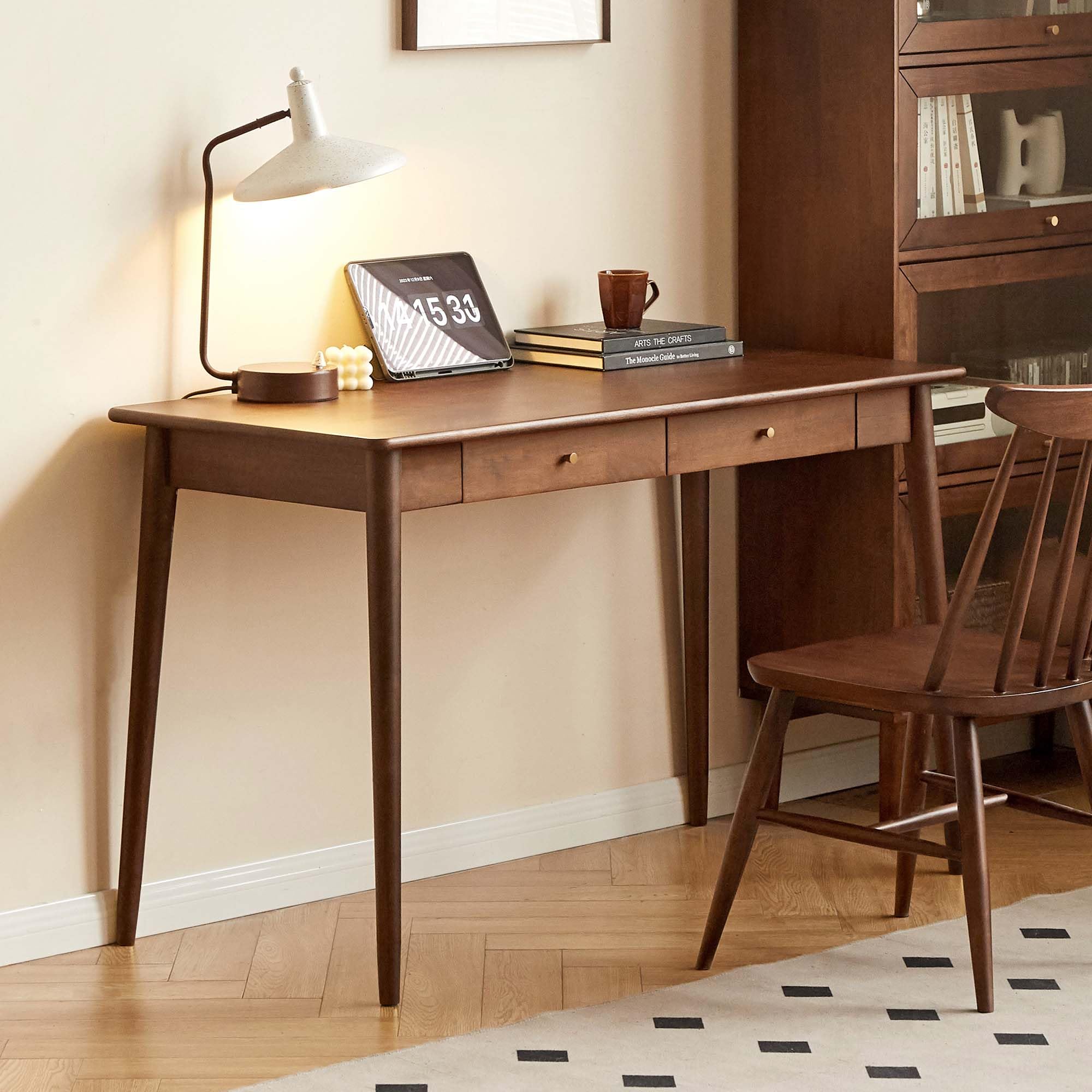 39 Inch Solid Oak Mid Century Desk with 2 Drawers, Home Office Writing Computer Table