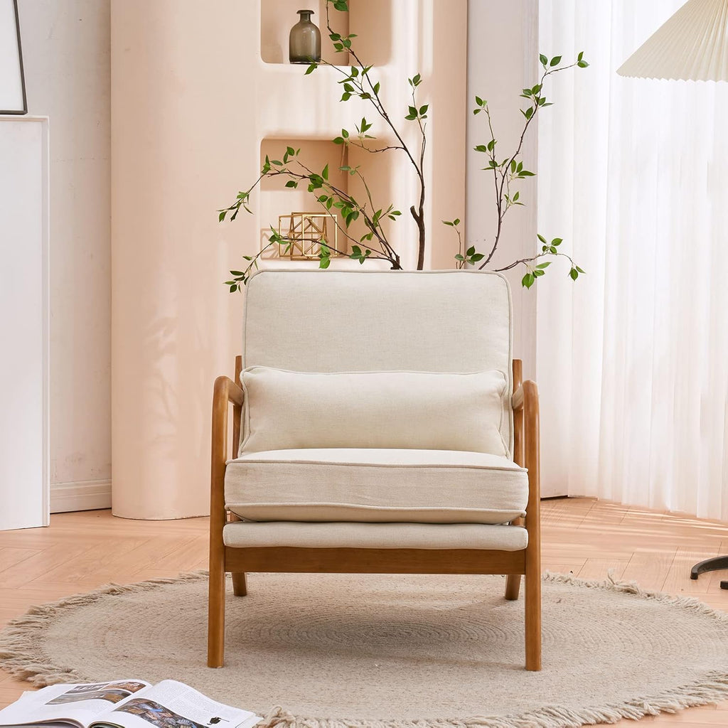 Beige Linen Mid Century Accent Chair, Solid Wood Frame Padded Lounge Armchair for Living Room Bedroom