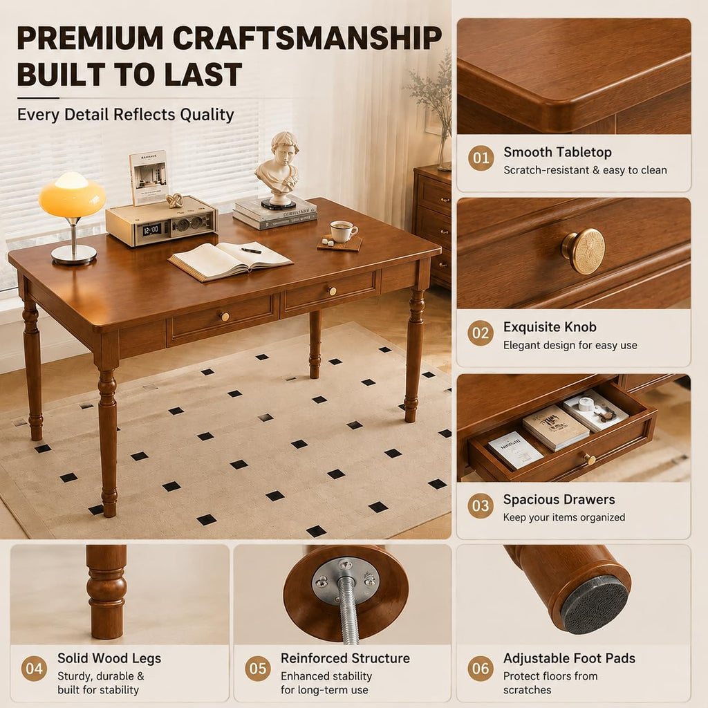 Walnut Writing Desks with Drawers, 47" Solid Wood French Country Style Computer Desk for Home Office, Living Room Study Workspace or Bedroom, Traditional Vanity Dressing Table