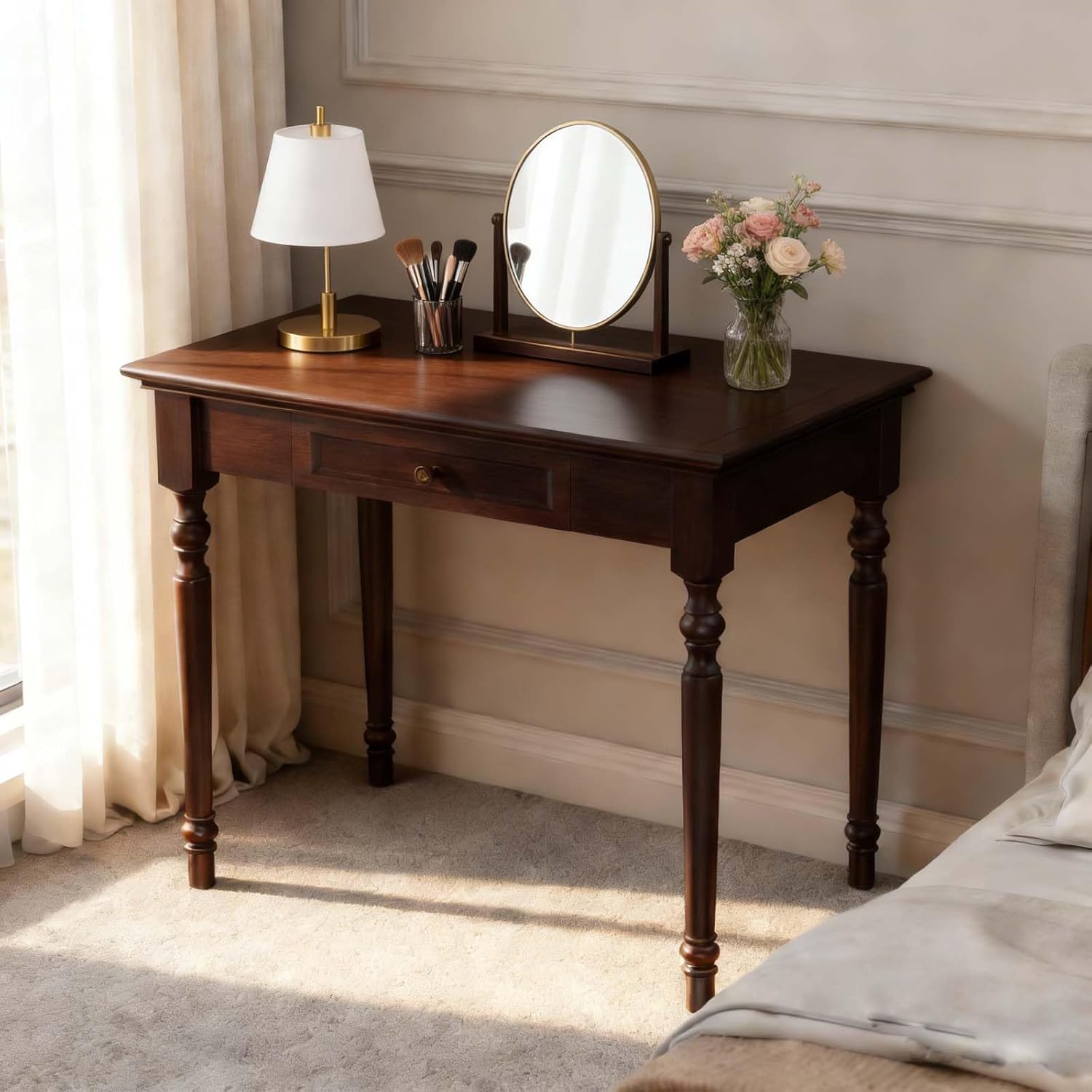 Walnut Writing Desks with Drawers, 35" Solid Wood French Country Style Computer Desk for Home Office, Living Room Study or Workspace