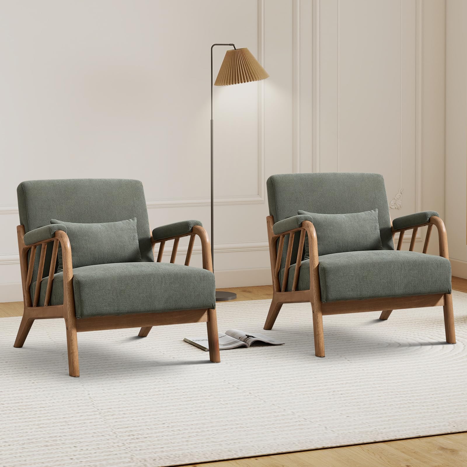 IOMOR Mid Century Modern Accent Chair with Solid Wood Frame Linen Fabric, Upholstered Living Room Chairs with Lumbar Cushion Padded Arms, Reading Armchair for Bedroom (1, Warm Beige)
