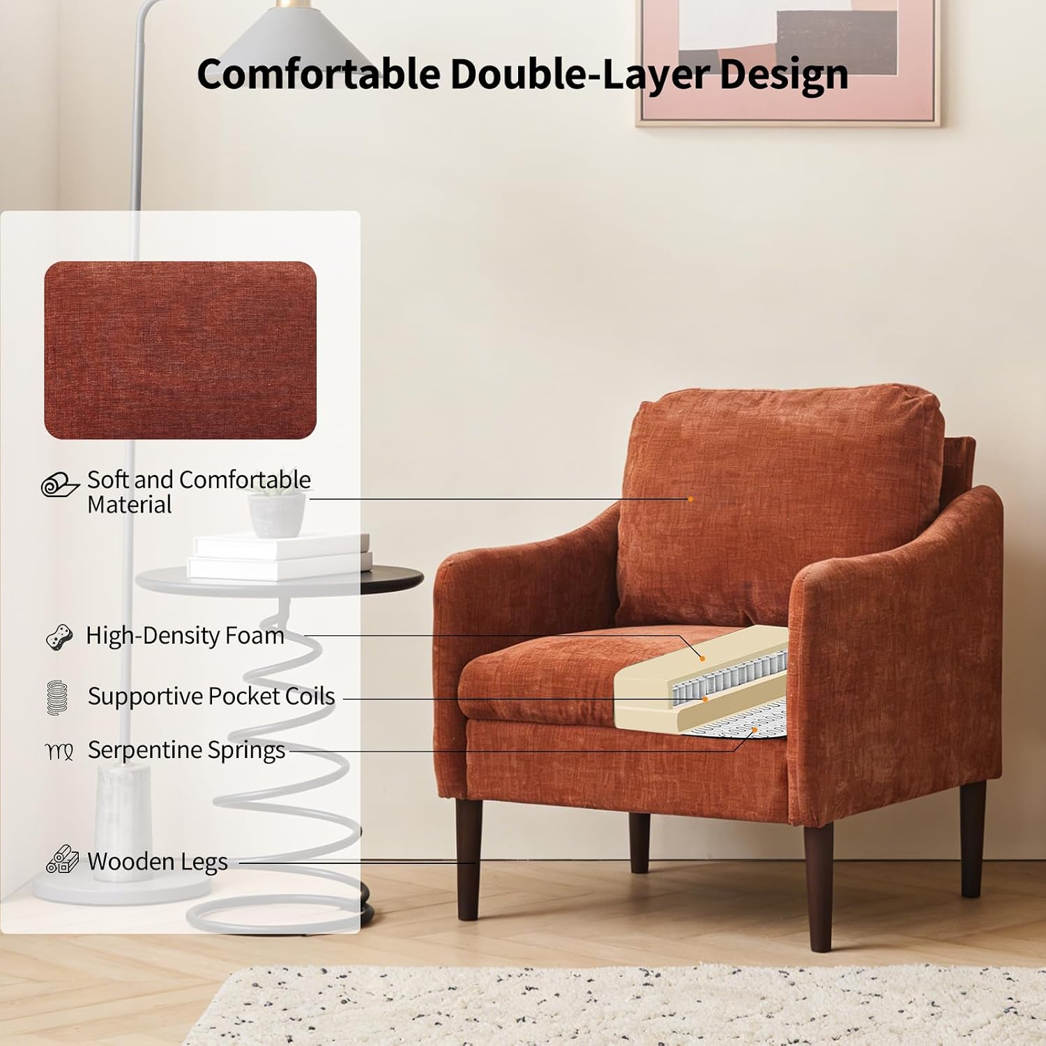 Mid Century Modern Accent Chair, Chenille Fabric Armchair with Curved Arms, Upholstered Reading Chair, Cloud Single Sofa Chair for Living Room, Bedroom, Office, Waiting Room, Orange