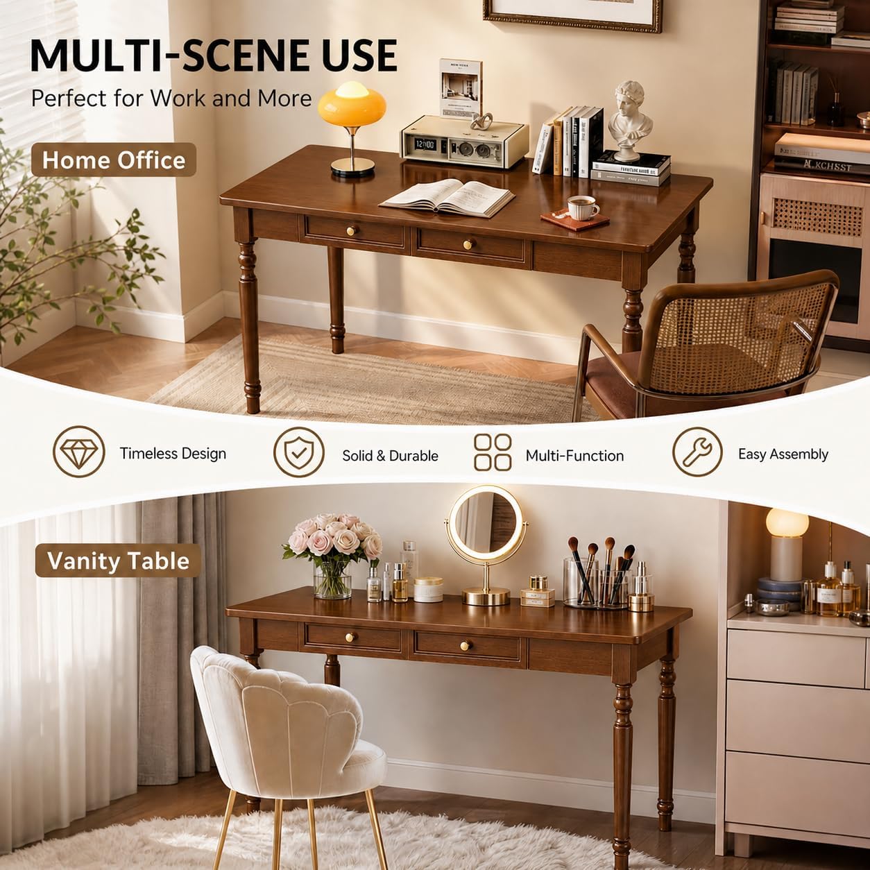 Walnut Writing Desks with Drawers, 47" Solid Wood French Country Style Computer Desk for Home Office, Living Room Study Workspace or Bedroom, Traditional Vanity Dressing Table