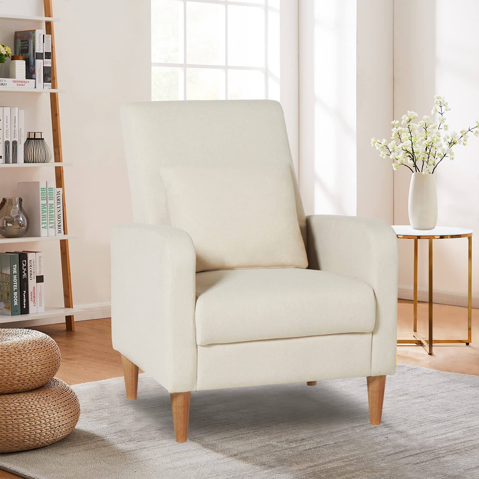 COLAMY Modern Upholstered Accent Chair Armchair with Pillow, Fabric Reading Living Room Side Chair,Single Sofa with Lounge Seat and Wood Legs, Blue