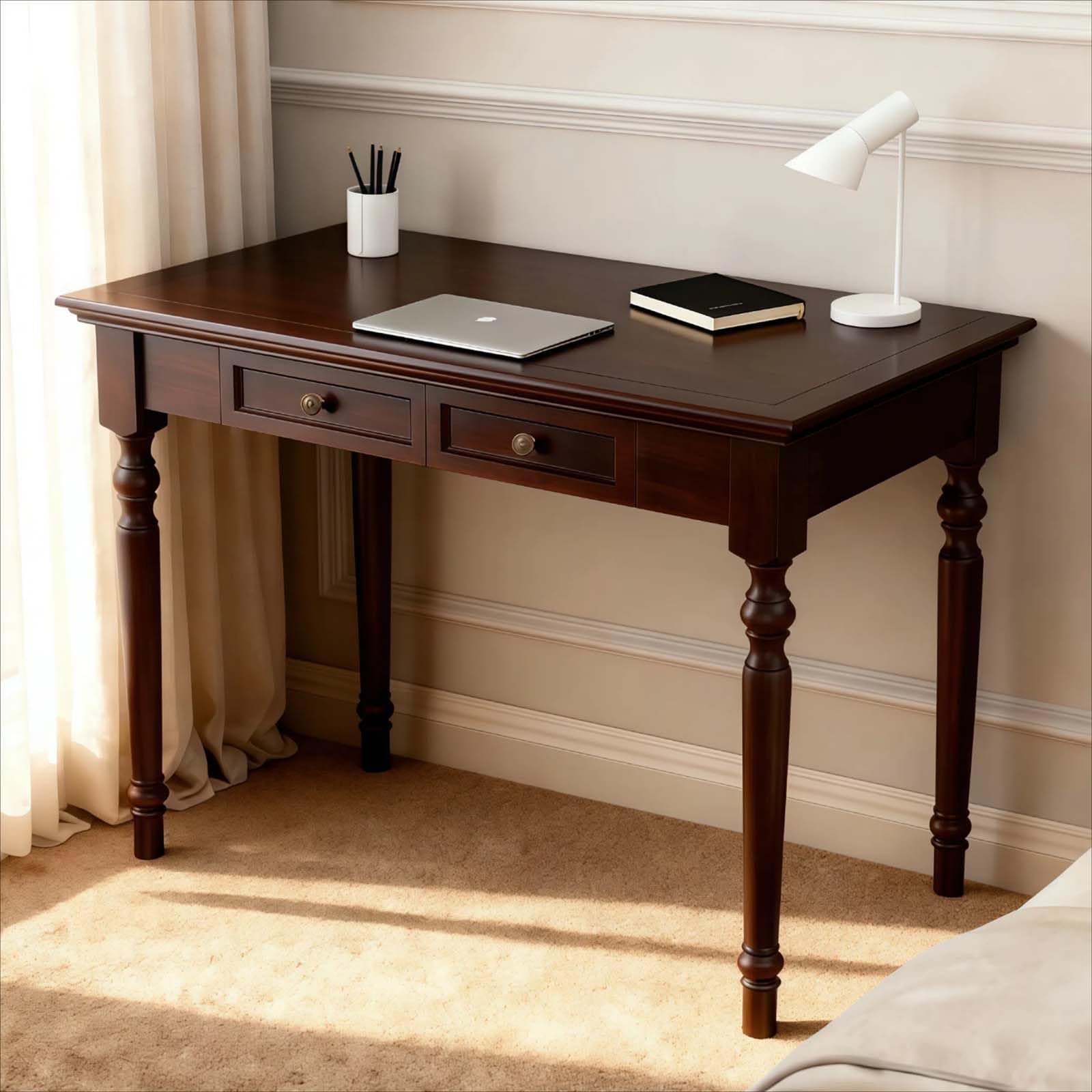 Walnut Writing Desks with Drawers, 35" Solid Wood French Country Style Computer Desk for Home Office, Living Room Study or Workspace