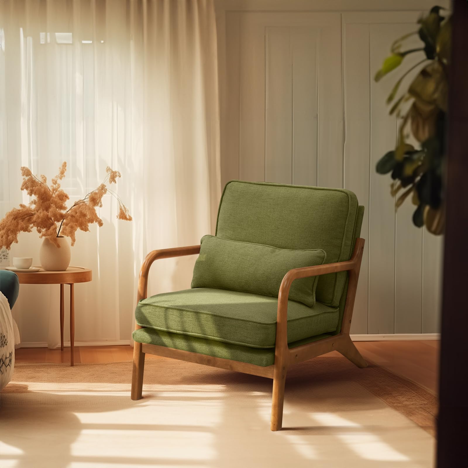 Beige Linen Mid Century Accent Chair, Solid Wood Frame Padded Lounge Armchair for Living Room Bedroom