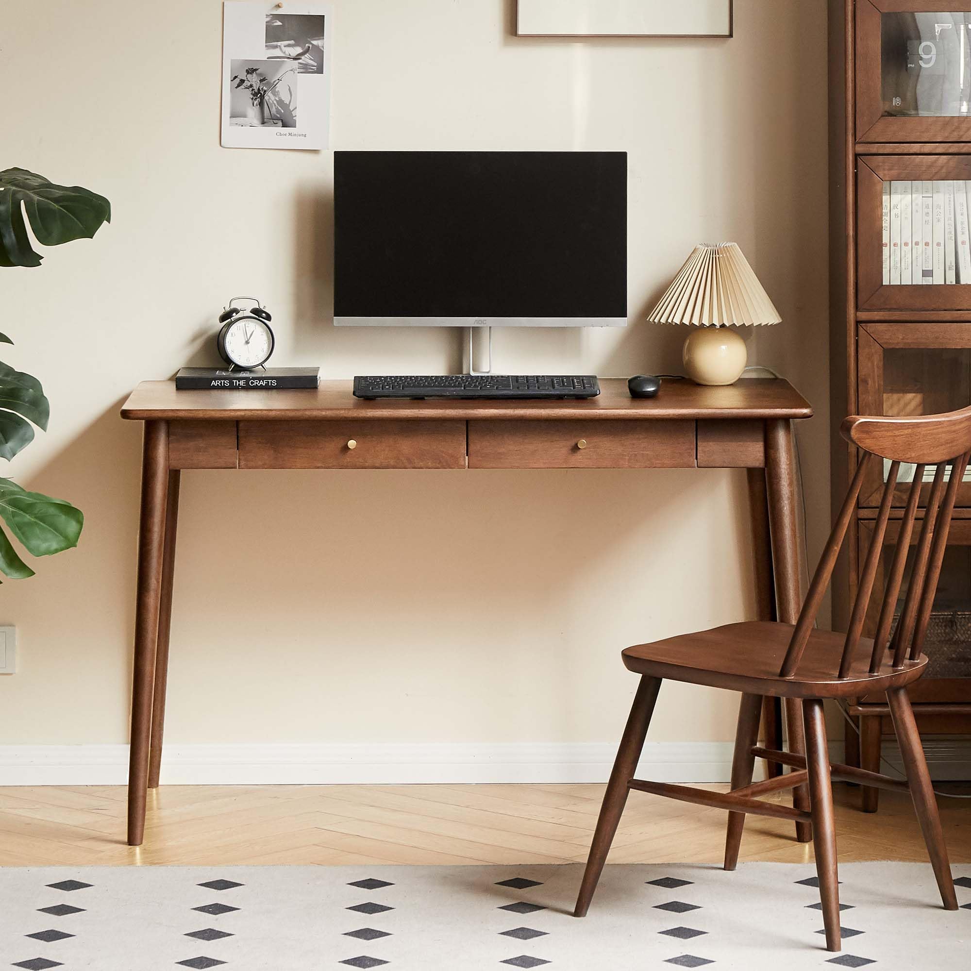 39 Inch Solid Oak Mid Century Desk with 2 Drawers, Home Office Writing Computer Table