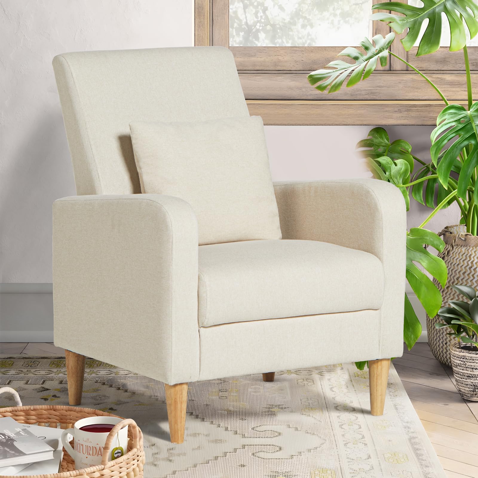 COLAMY Modern Upholstered Accent Chair Armchair with Pillow, Fabric Reading Living Room Side Chair,Single Sofa with Lounge Seat and Wood Legs, Blue