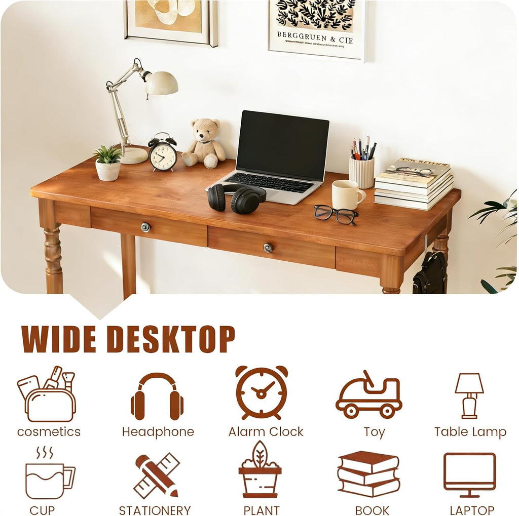 47.2 Inch Walnut Solid Wood Vintage Desk with Drawers and Hooks for Bedroom Office