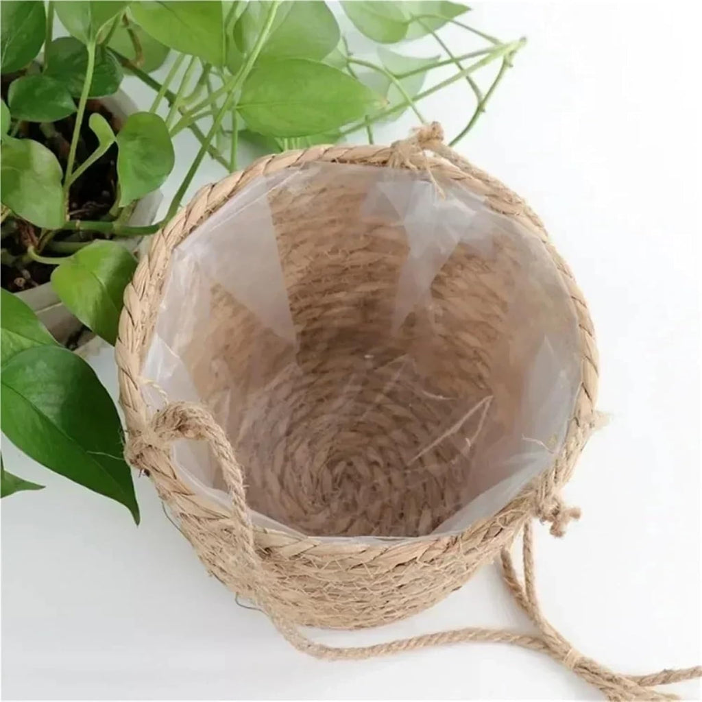 Straw Weaving Flowerpot Hang Flowerpot Strong Load-Bearing Capacity Bracket High-Capacity Straw Weaving Hanging Flower Basket(Original Color)