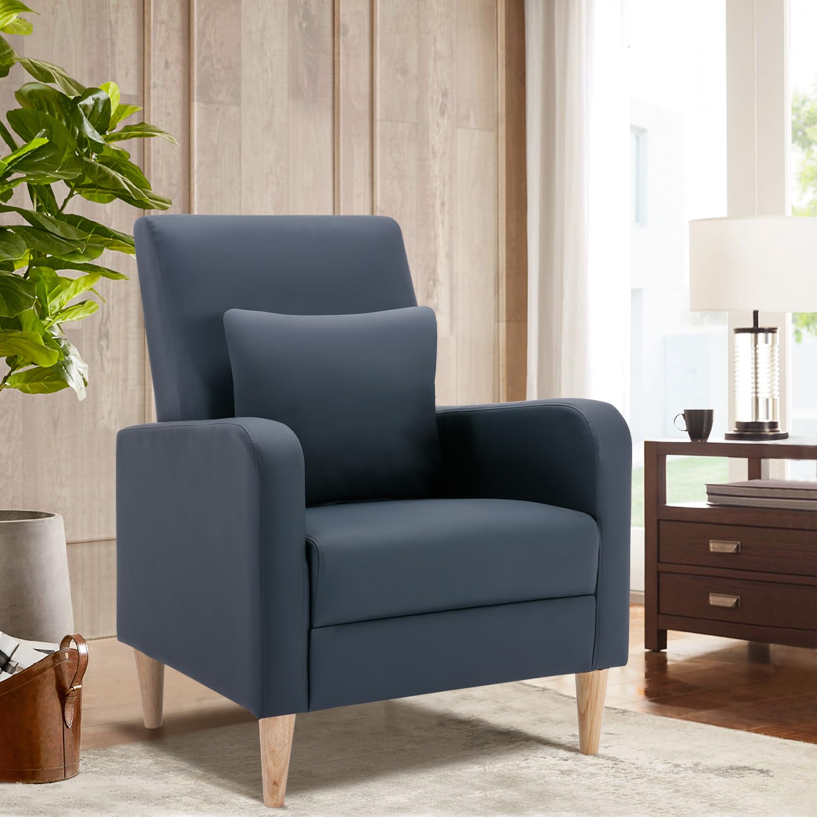 COLAMY Modern Upholstered Accent Chair Armchair with Pillow, Fabric Reading Living Room Side Chair,Single Sofa with Lounge Seat and Wood Legs, Blue
