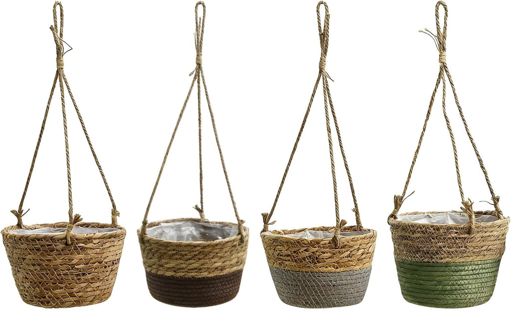 4 Pcs Woven Hanging Planter Basket Set, 7.9 in Opening, Plastic Liner, Jute Rope, Straw Plant Pots for Indoor Outdoor Plants