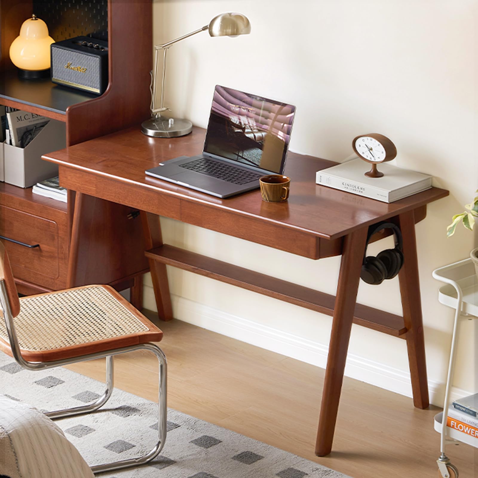 39 Inch Solid Oak Mid Century Desk with 2 Drawers, Home Office Writing Computer Table