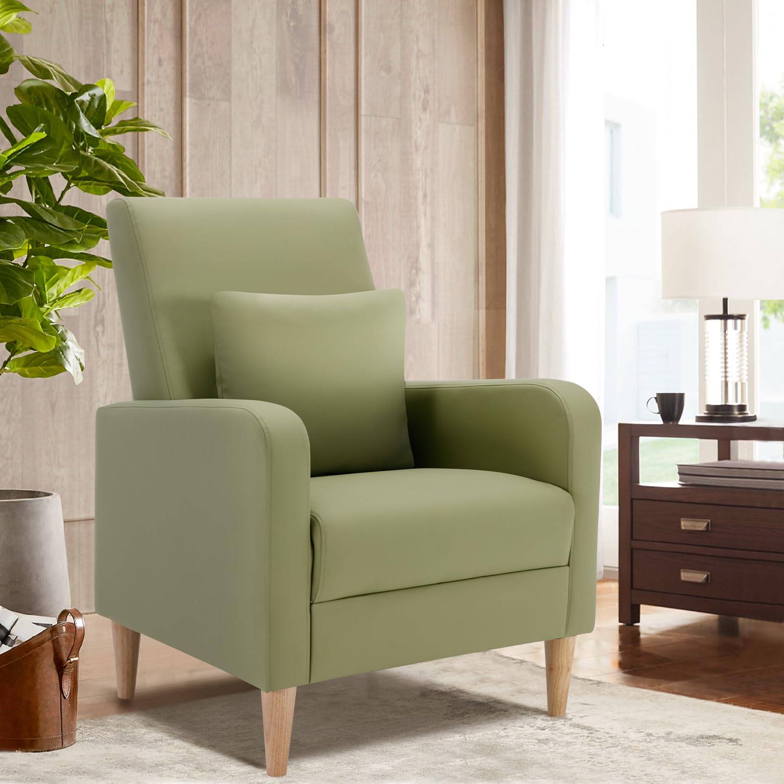 COLAMY Modern Upholstered Accent Chair Armchair with Pillow, Fabric Reading Living Room Side Chair,Single Sofa with Lounge Seat and Wood Legs, Blue