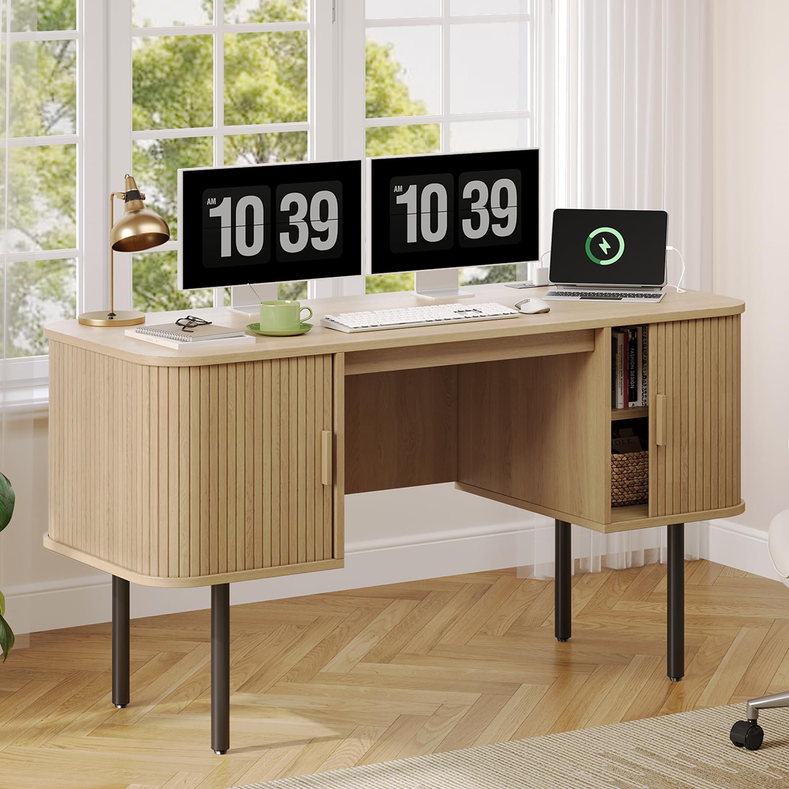 ONBRILL 55 Inch Fluted Computer Desk with Charging Station, Mid Century Executive Desk with 2 Storage Cabinets, Modern Home Office Large Desk with Metal Legs for Working, Studying, Writing, Walnut