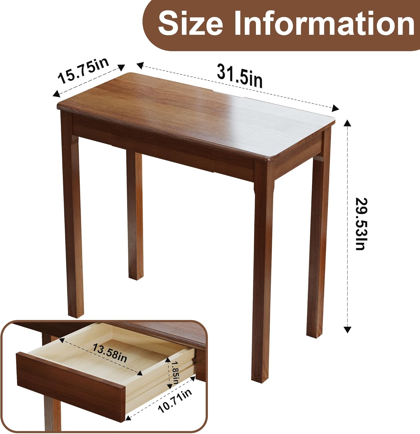 32×16 Inch Walnut Rubberwood Mid Century Narrow Desk with Drawers, Small Writing Table for Bedroom Small Spaces