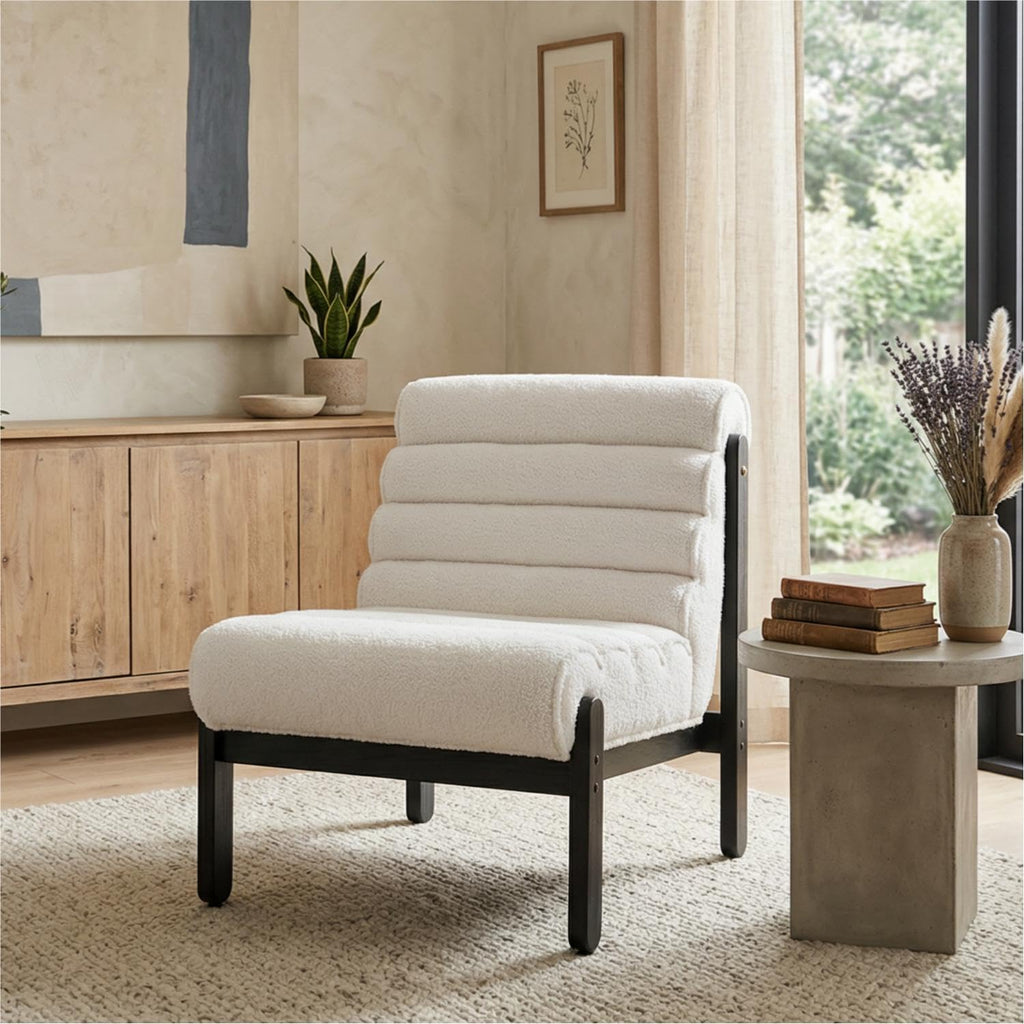 Christopher Knight Home Fluffy Low Profile Accent Chair, Modern Living Room Armless Lounge Chair, Fabric Comfy Reading Chair for Bedroom, Wooden Frame and Thick Padded Seat, White+Black