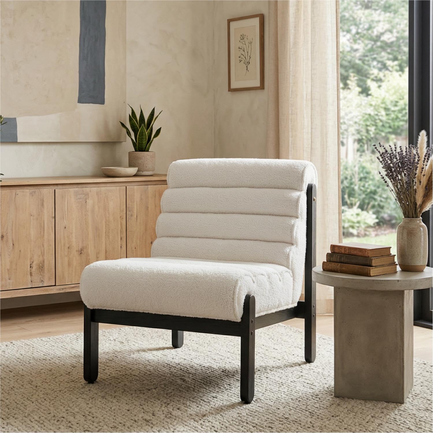Christopher Knight Home Fluffy Low Profile Accent Chair, Modern Living Room Armless Lounge Chair, Fabric Comfy Reading Chair for Bedroom, Wooden Frame and Thick Padded Seat, White+Black