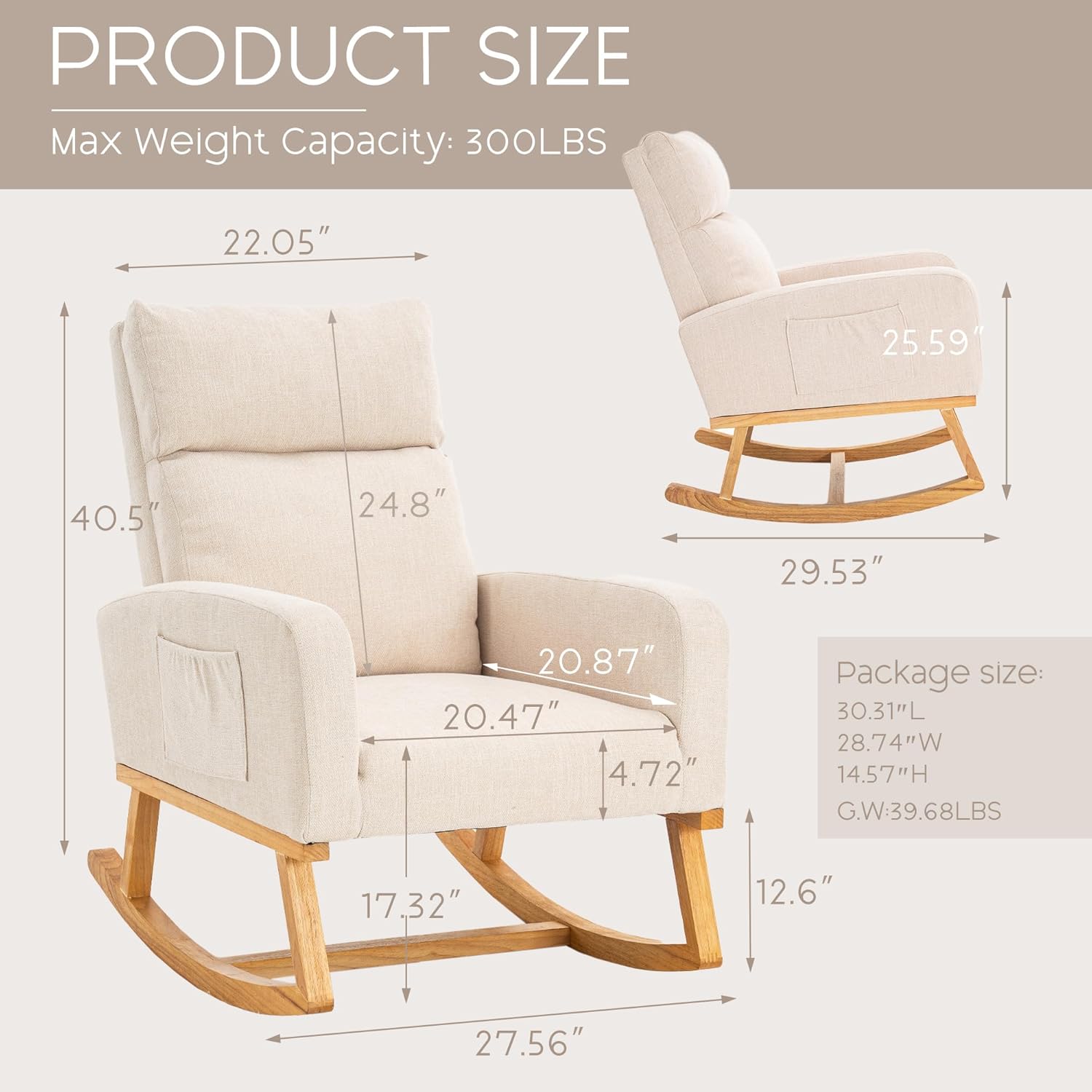 Rocking Chair Nursery - Glider Modern Accent Chairs Upholstered Linen Nursing Rocker Padded Armchair for Indoor Living Room Bedroom Beige