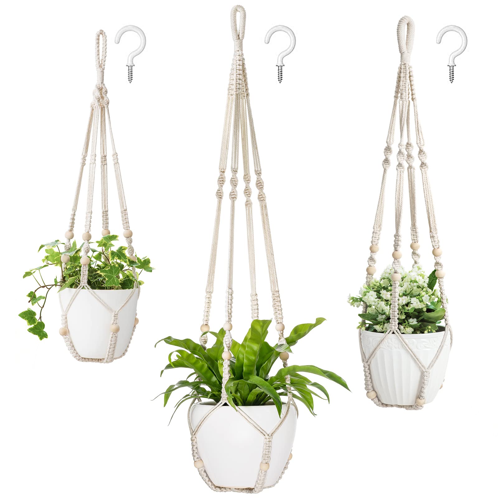 Mkono 3 Pack Macrame Plant Hangers Indoor Different Size Hanging Planter Basket Flower Pot Holder with Beads No Tassels 35"/29"/23", Medium, Ivory