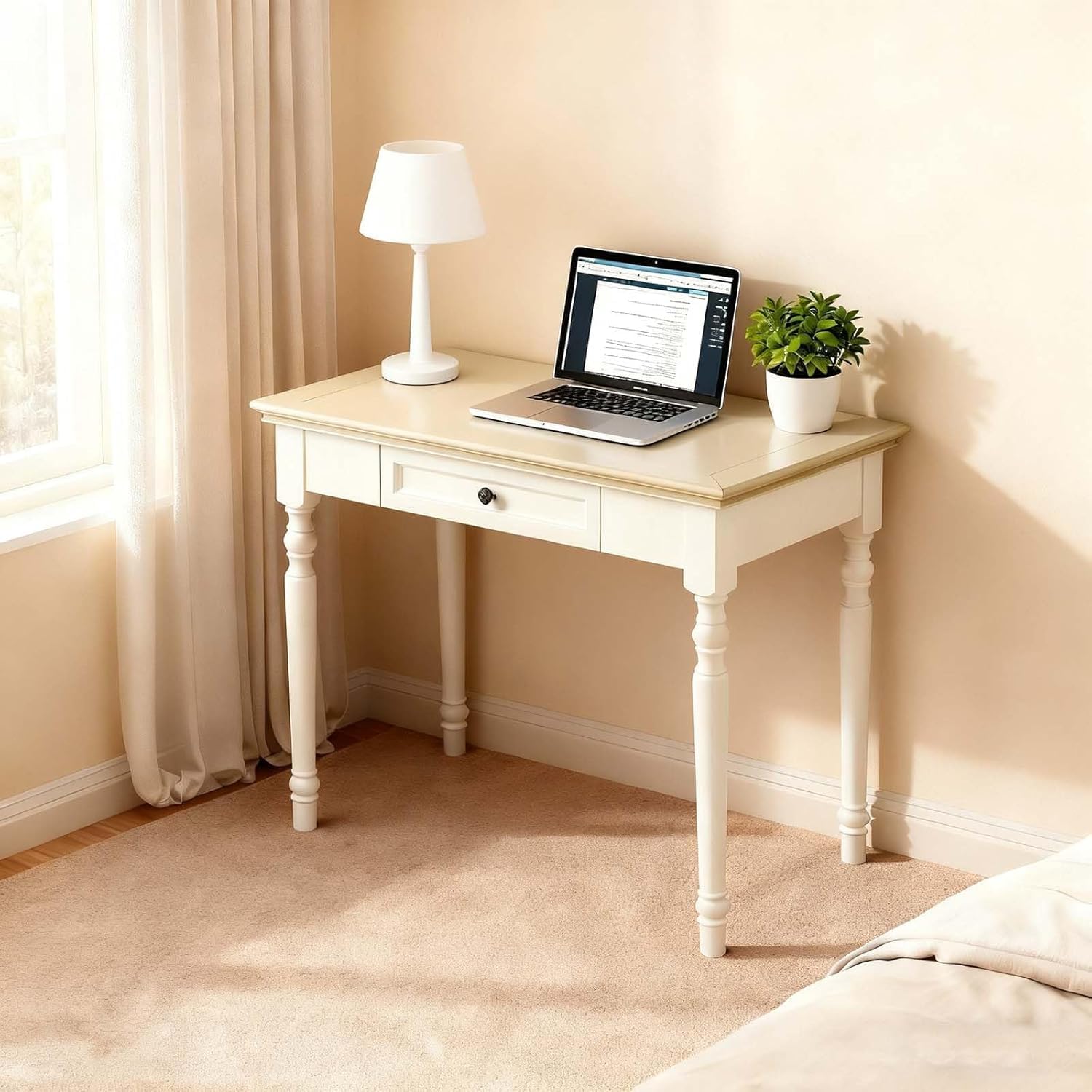 Walnut Writing Desks with Drawers, 35" Solid Wood French Country Style Computer Desk for Home Office, Living Room Study or Workspace