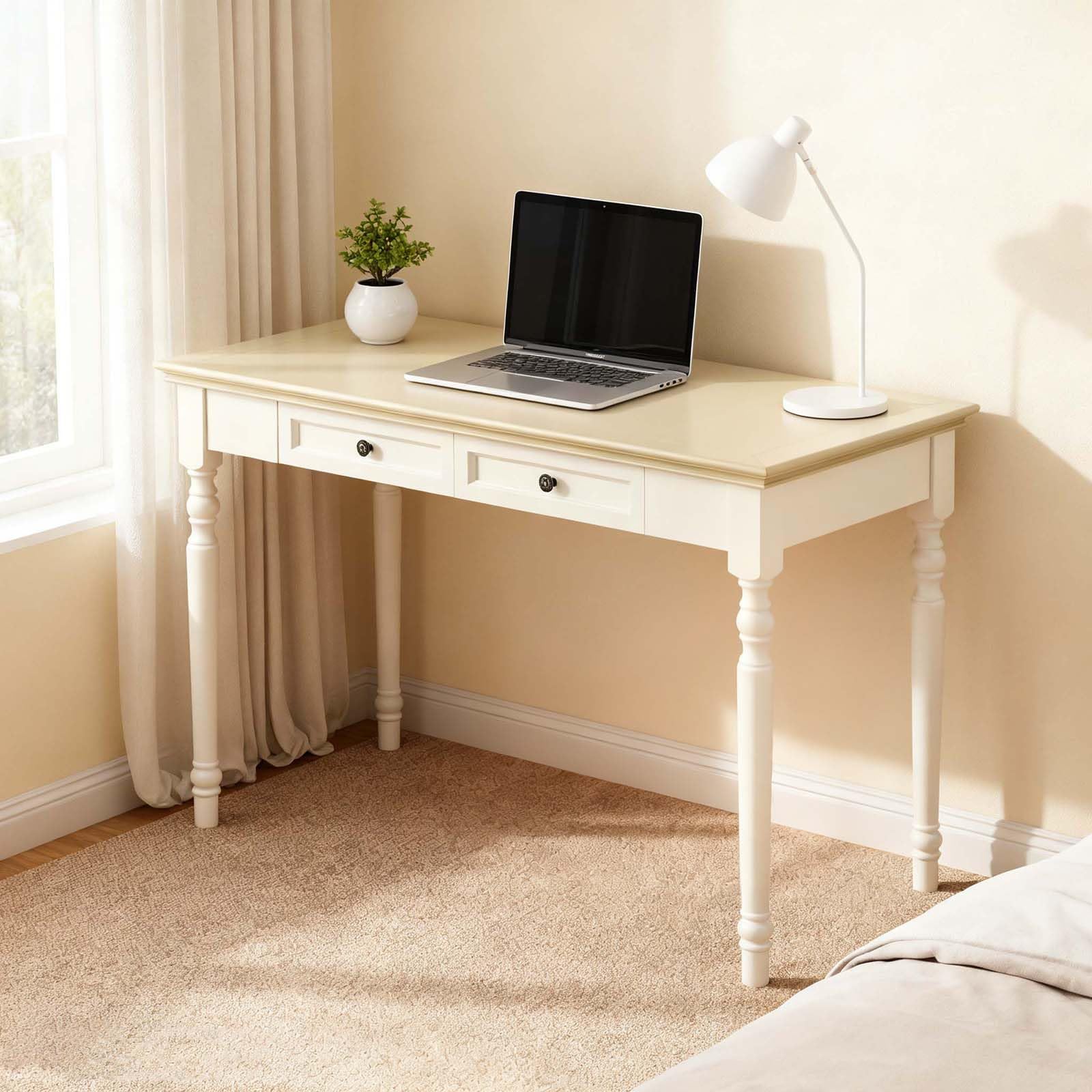 Walnut Writing Desks with Drawers, 35" Solid Wood French Country Style Computer Desk for Home Office, Living Room Study or Workspace