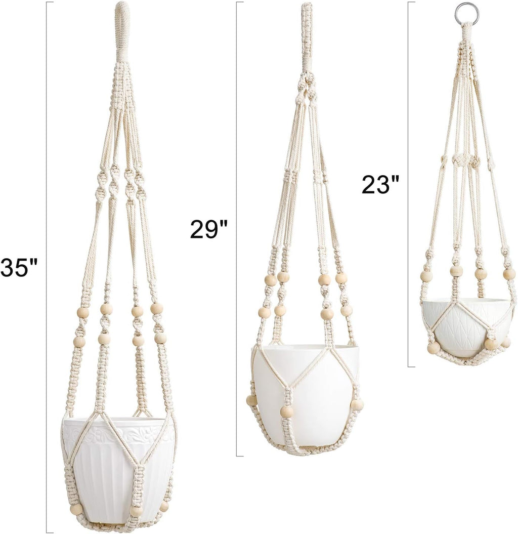 Mkono 3 Pack Macrame Plant Hangers Indoor Different Size Hanging Planter Basket Flower Pot Holder with Beads No Tassels 35"/29"/23", Medium, Ivory
