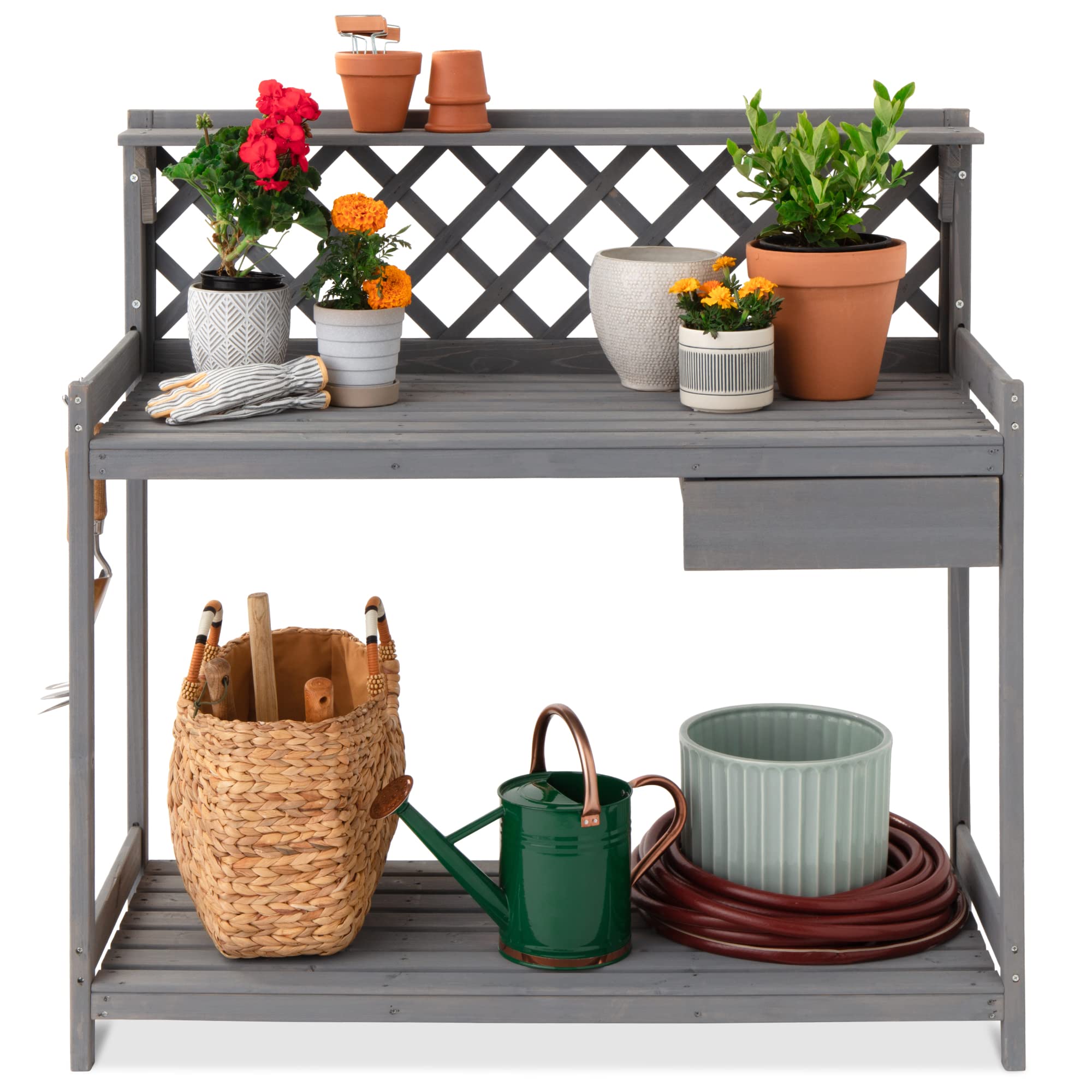 Best Choice Products Outdoor Garden Potting Bench, Wooden Workstation Table w/Cabinet Drawer, Open Shelf, Lower Storage, Lattice Back - Natural
