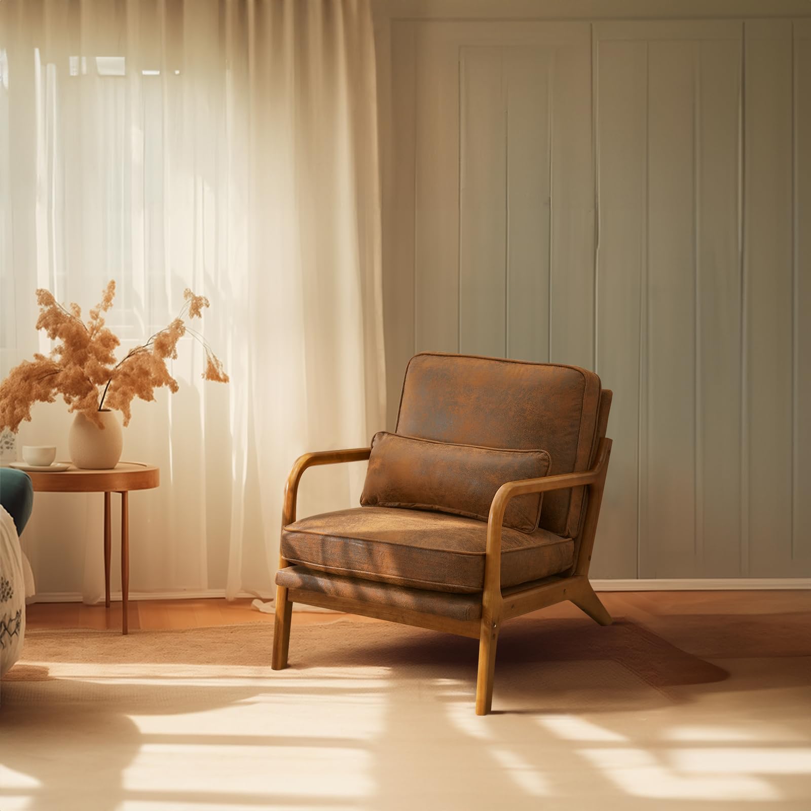 Beige Linen Mid Century Accent Chair, Solid Wood Frame Padded Lounge Armchair for Living Room Bedroom