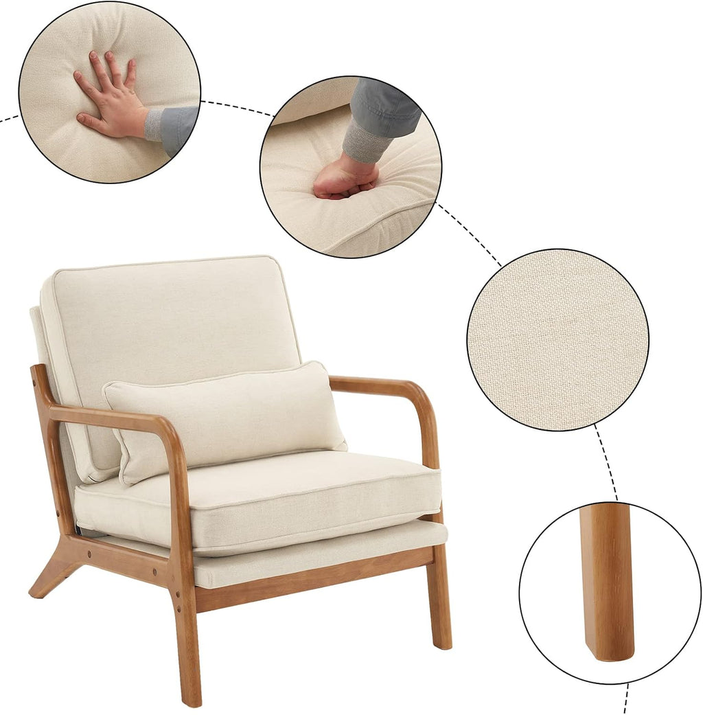 Beige Linen Mid Century Accent Chair, Solid Wood Frame Padded Lounge Armchair for Living Room Bedroom