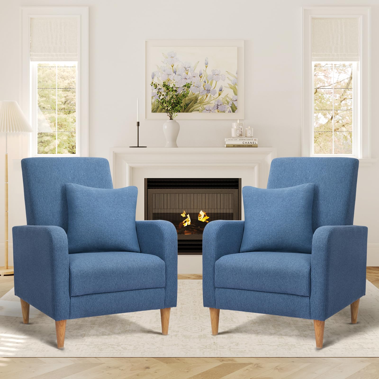 COLAMY Modern Upholstered Accent Chair Armchair with Pillow, Fabric Reading Living Room Side Chair,Single Sofa with Lounge Seat and Wood Legs, Blue