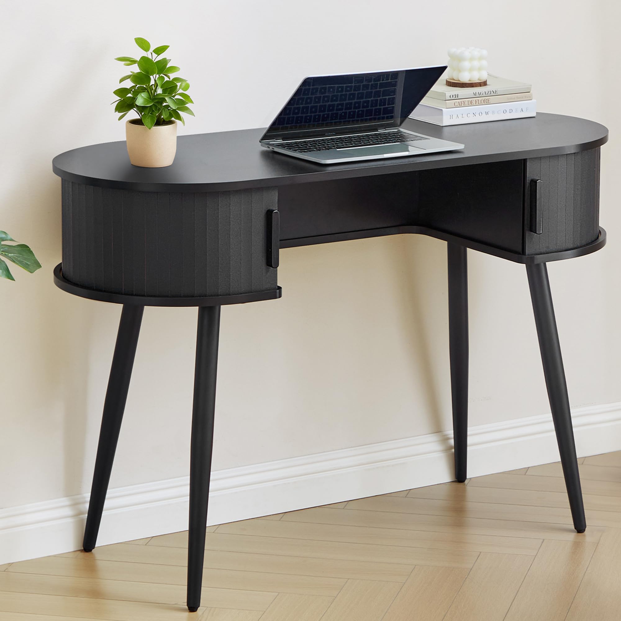 Mid-Century 59" Wood Writing Desk, Home Office Computer Laptop Desk with 2 Flip Storage Space + 2 Drawer, 150 CM Elegant Fluted Vanity Table Multifunctional Study Desk for Office, Bedroom (Wlanut)