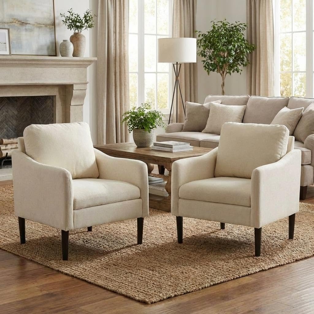 Mid Century Modern Accent Chair, Chenille Fabric Armchair with Curved Arms, Upholstered Reading Chair, Cloud Single Sofa Chair for Living Room, Bedroom, Office, Waiting Room, Orange