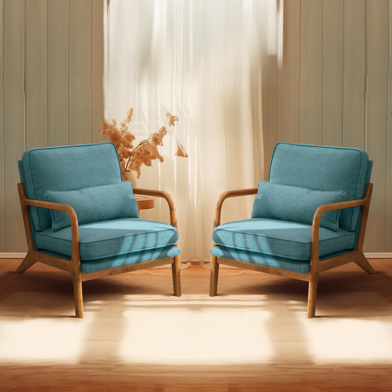 Beige Linen Mid Century Accent Chair, Solid Wood Frame Padded Lounge Armchair for Living Room Bedroom