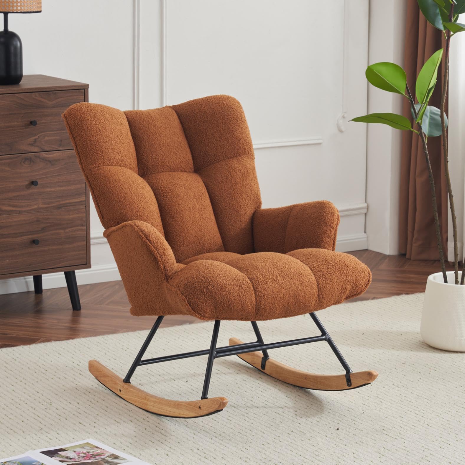 SAETSFEG Rocking Chair Nursery Teddy Upholstered Glider Rocker Rocking Accent Chair Padded Seat with High Backrest Armchair Comfy Side Chair for Living Room Bedroom Offices (Ivory Teddy)