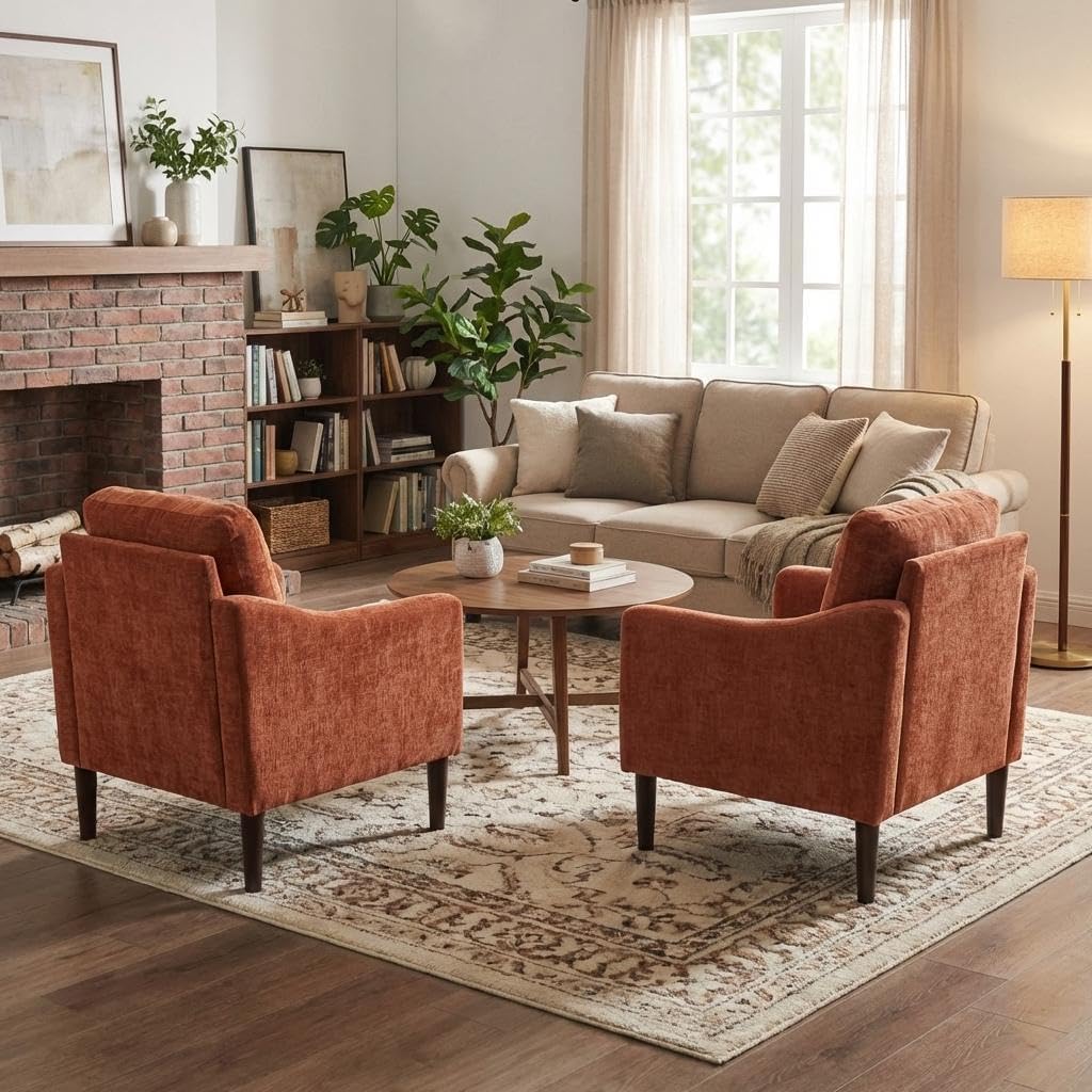 Mid Century Modern Accent Chair, Chenille Fabric Armchair with Curved Arms, Upholstered Reading Chair, Cloud Single Sofa Chair for Living Room, Bedroom, Office, Waiting Room, Orange
