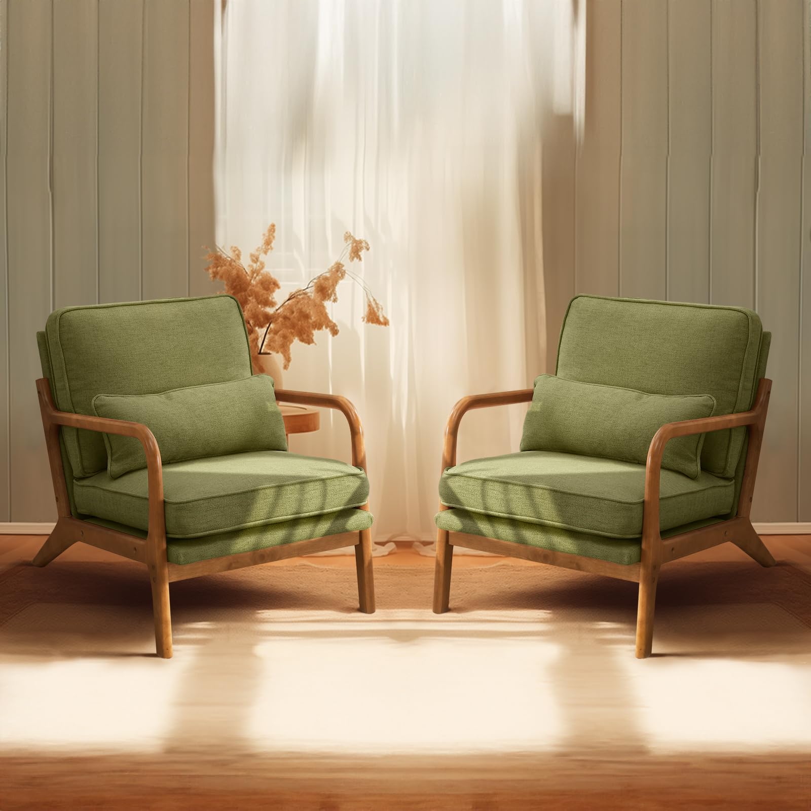Beige Linen Mid Century Accent Chair, Solid Wood Frame Padded Lounge Armchair for Living Room Bedroom