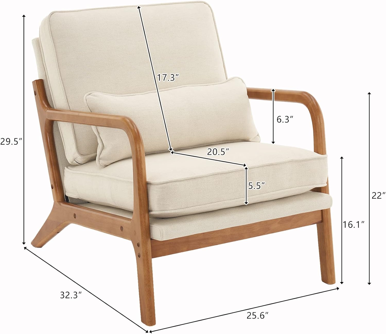 Beige Linen Mid Century Accent Chair, Solid Wood Frame Padded Lounge Armchair for Living Room Bedroom